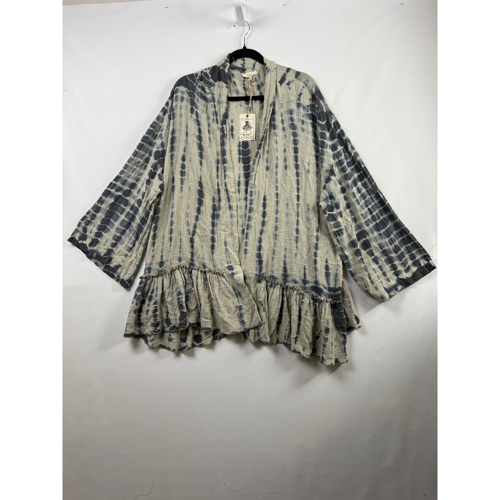 Easel Kimono Cardigan Womens 1X Gray Tie Dye Ruffle Hem Cotton Gauze New
